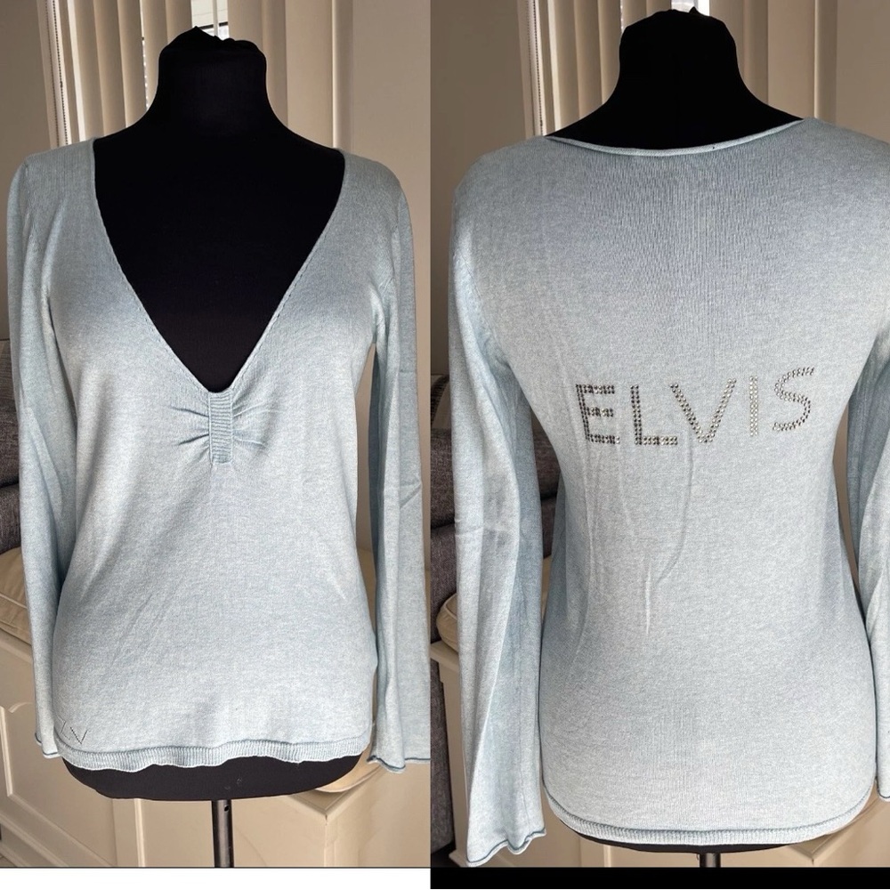 Zadig & Voltaire Embellished Elvis Light Blue Knit Deep V Neck Sweater  Size M